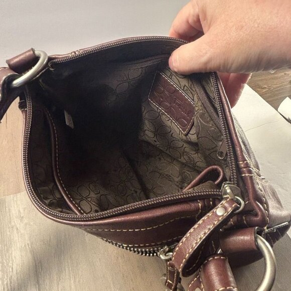 Vintage Fossil Brown Leather Shoulder Boho Bag Purse Silver Key Charm Zip - Picture 7 of 15